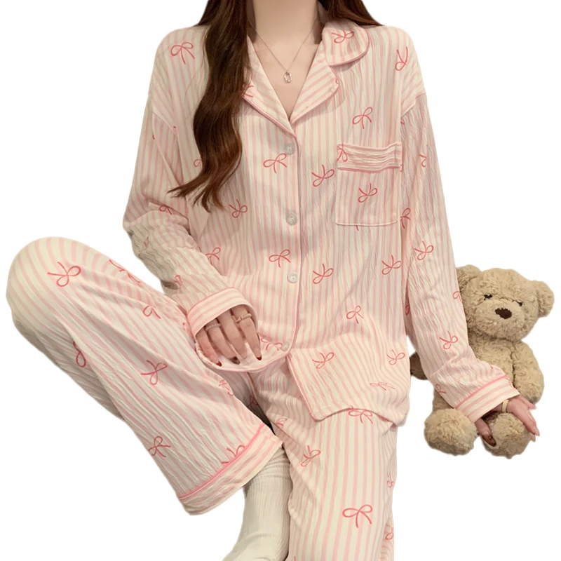 Pink Bow Dtie Design Pajamas for Women Long Sleeve Top & Elastic Waist Pants Pajamas Set Wear 5