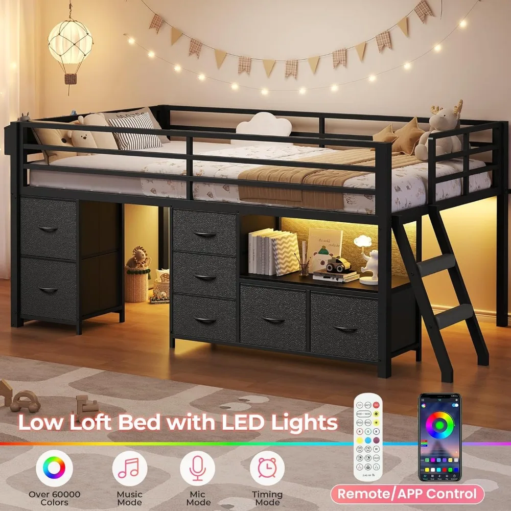 Twin Size Metal Kids Loft Bed with 7 Storage Drawers, Bookcase, LED Lights, and 14 Inch Safety Rail 6