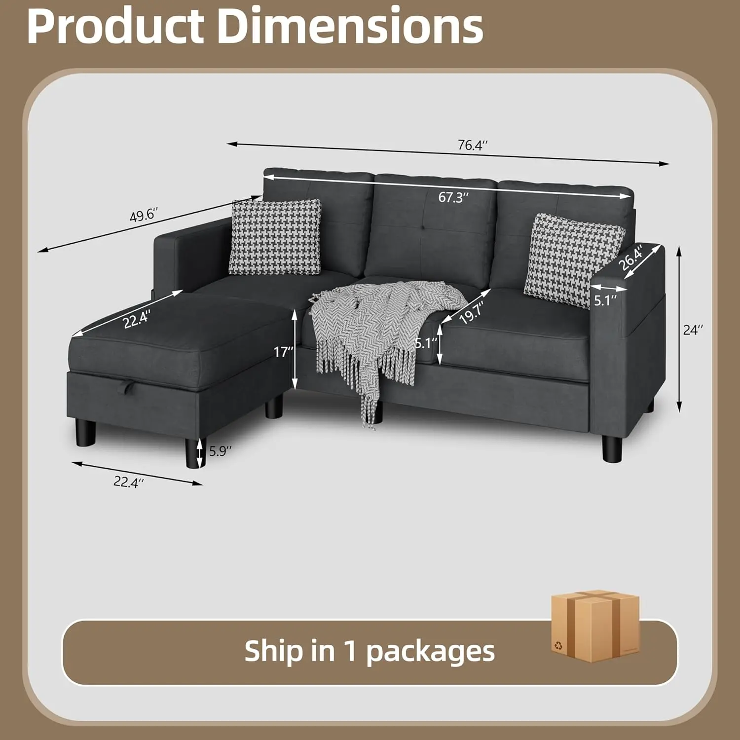 L-Shaped Couch 3 Seat Sofa 3