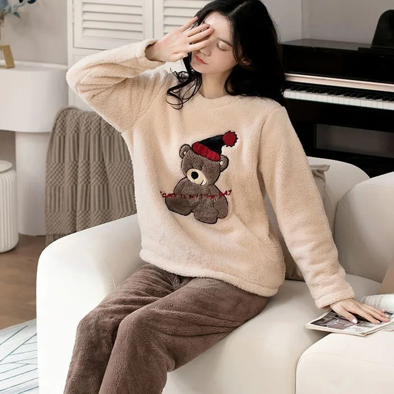 2pcs/Set Large Size Padded Thickened Warm Fall And Winter Women's Pajamas Long-Sleeved Bear 5
