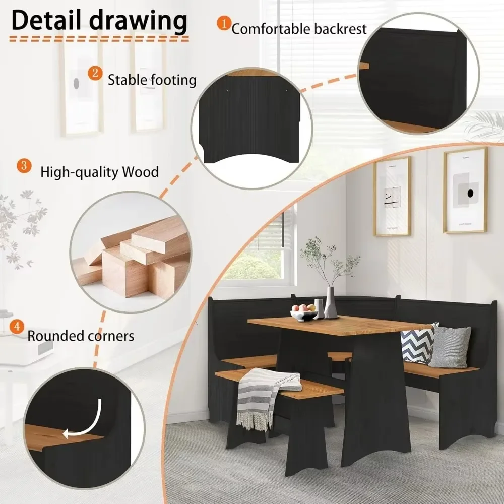 Breakfast Nook Corner Dining Table Kitchen Bench Chair Set 4