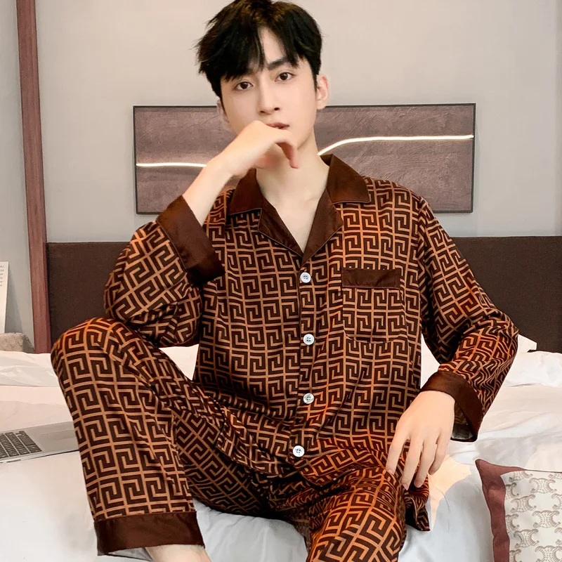 Pajamas Men Spring Summer Thin Ice Silk Luxurious Loose Fitting Home Wear Suit 7