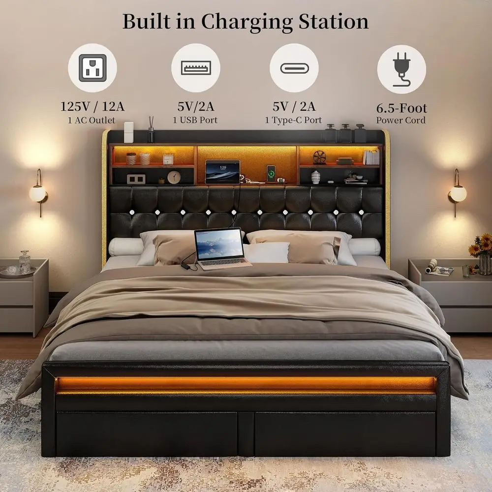 Queen Bed with Storage, Bookcase, Desks, 52 LED TV Bed, Grey Linen Wingback Bed with Footboard 5