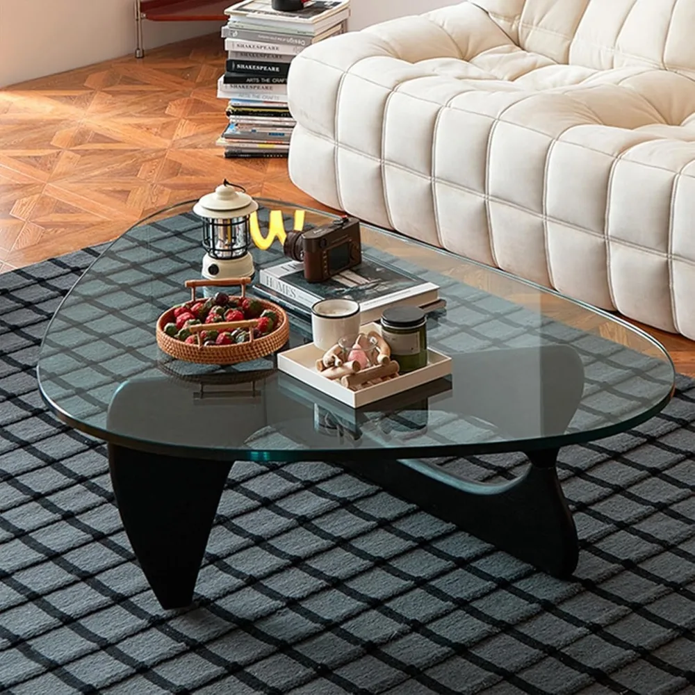 Small Coffee Table Black Glass Coffee Table for Living Room, Mid Century Modern Coffee Table, Wood Rustic Coffee Table with Wood 3