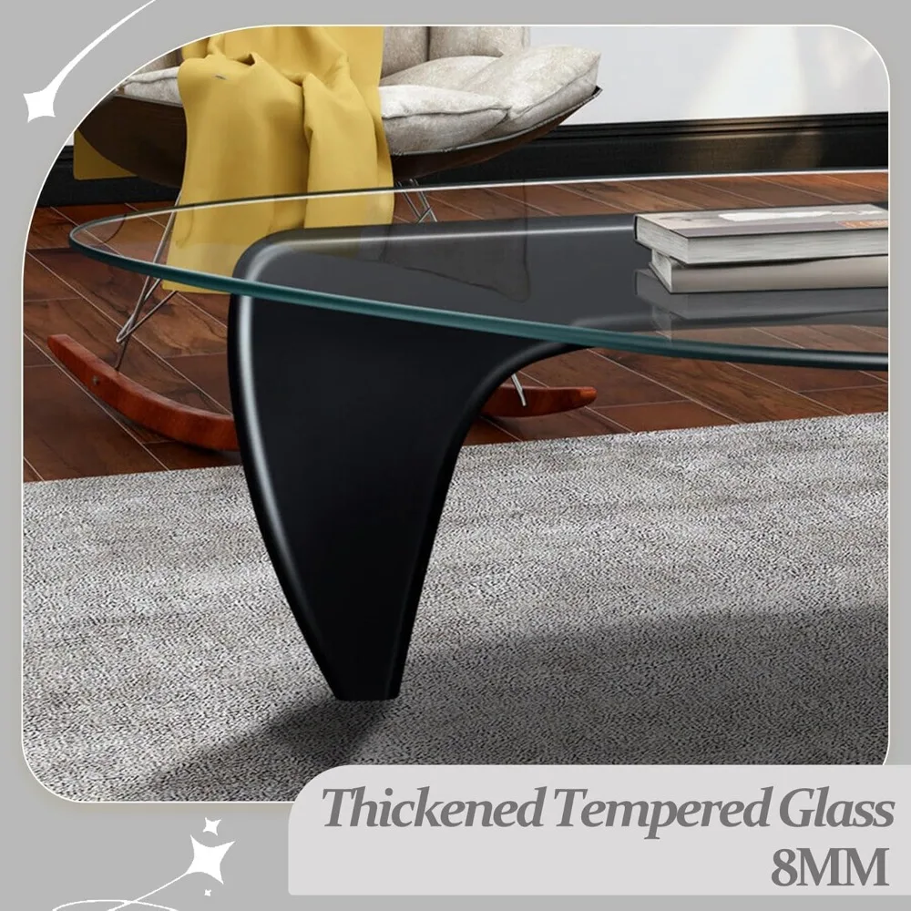 Small Coffee Table Black Glass Coffee Table for Living Room, Mid Century Modern Coffee Table, Wood Rustic Coffee Table with Wood 4