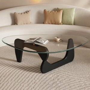 Small Coffee Table Black Glass Coffee Table for Living Room, Mid Century Modern Coffee Table, Wood Rustic Coffee Table with Wood 1
