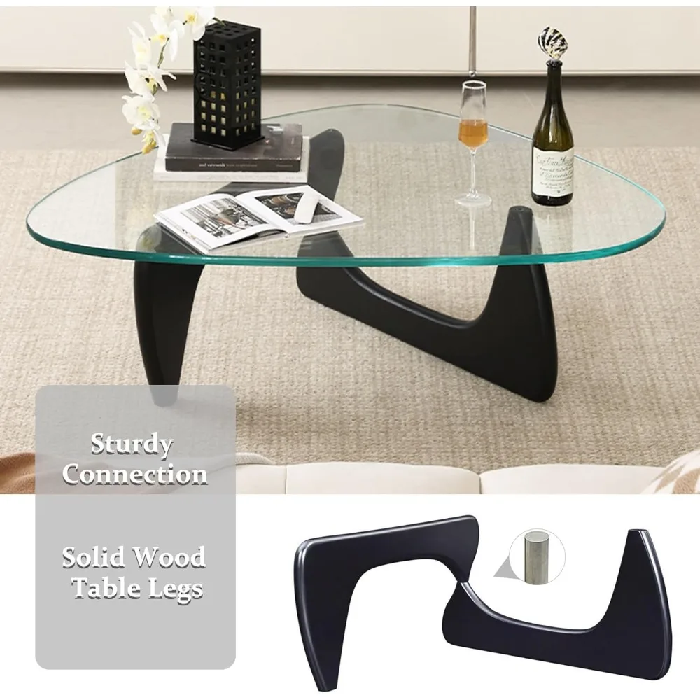Small Coffee Table Black Glass Coffee Table for Living Room, Mid Century Modern Coffee Table, Wood Rustic Coffee Table with Wood 5